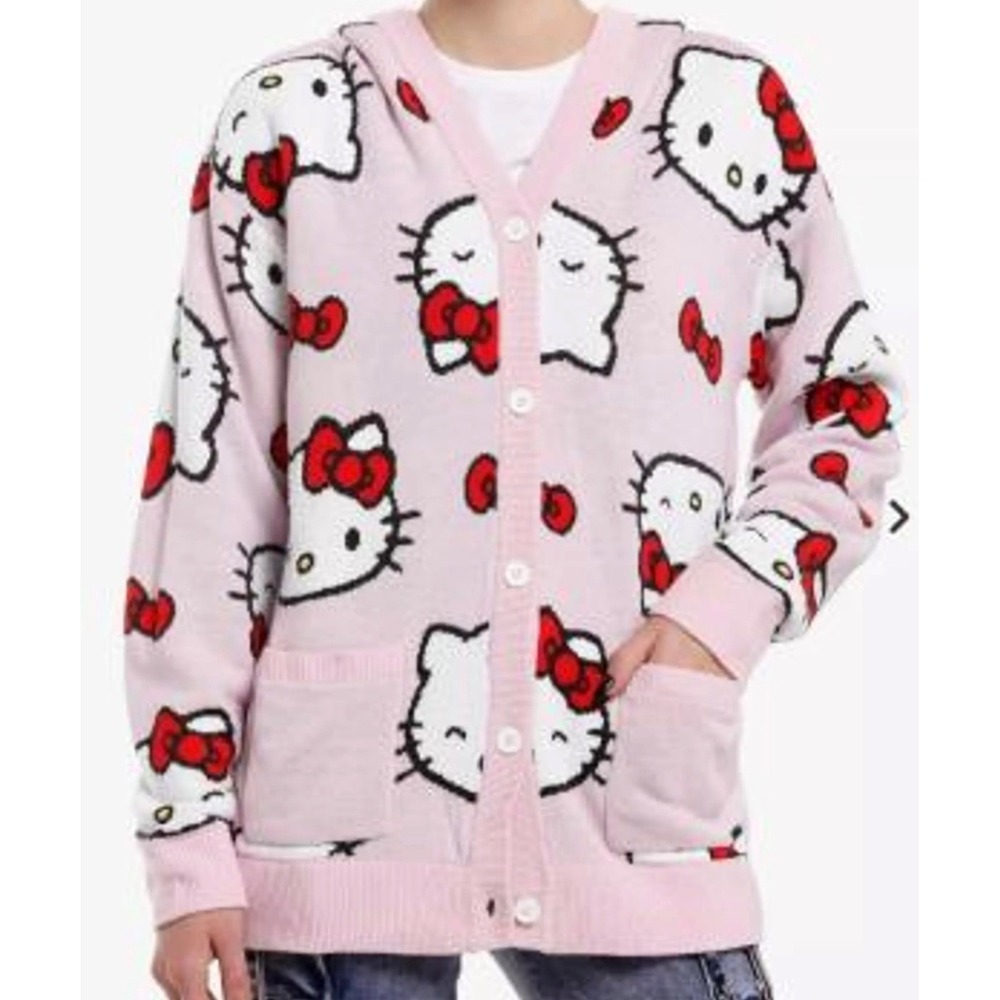 Hello Kitty Pink Hooded Cardigan Sweater for Women XL Cozy‎ Kawaii New